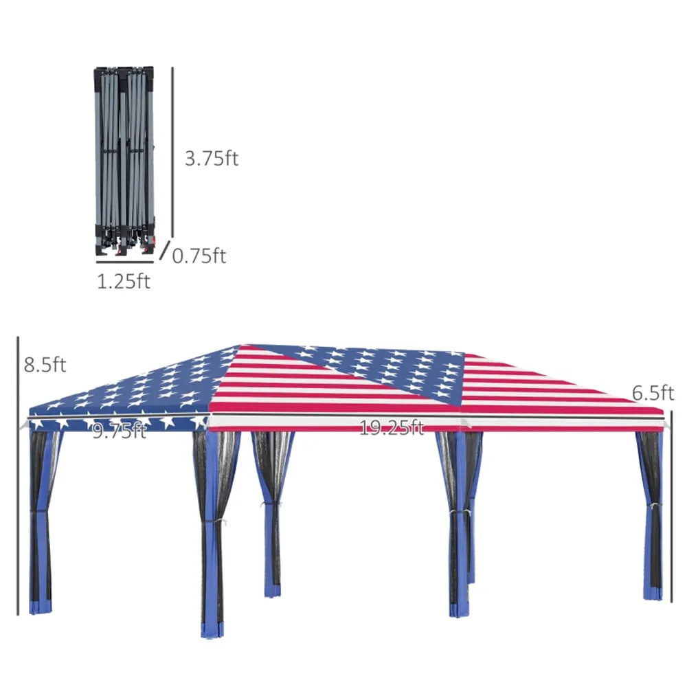 [Flash Sale]10' x 20' Pop Up Canopy Party Tent with Netting with Carry Bag American Flag Pattern[US-Stock]