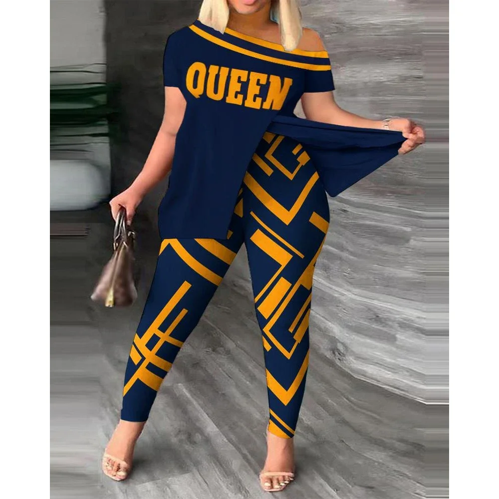 Women Fashion Geometric Print Short Sleeve 2 Pieces Set Femme Casual Sporty Suits Summer One-Shoulder Hem Split Top & Pants Sets