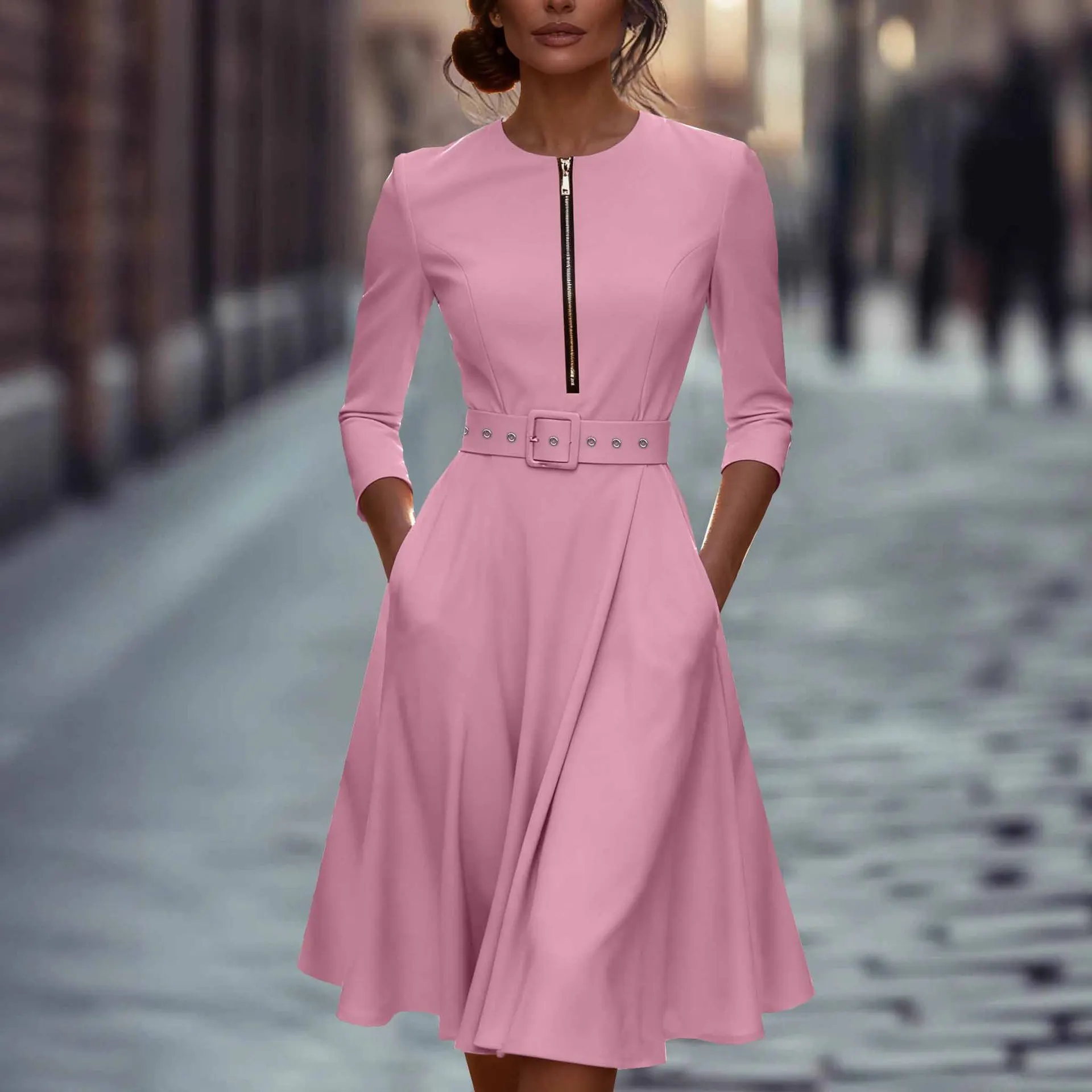 2025 Spring and Autumn 7-quarter Sleeve Zipper Pocket Dress with Belt