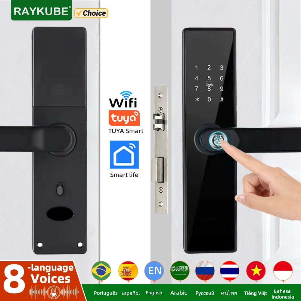 RAYKUBE H4 Tuya Electronic Lock Wifi Smart Door Lock Fingerprint Lock Password/IC Card/Key/ with 8 Language Voice System