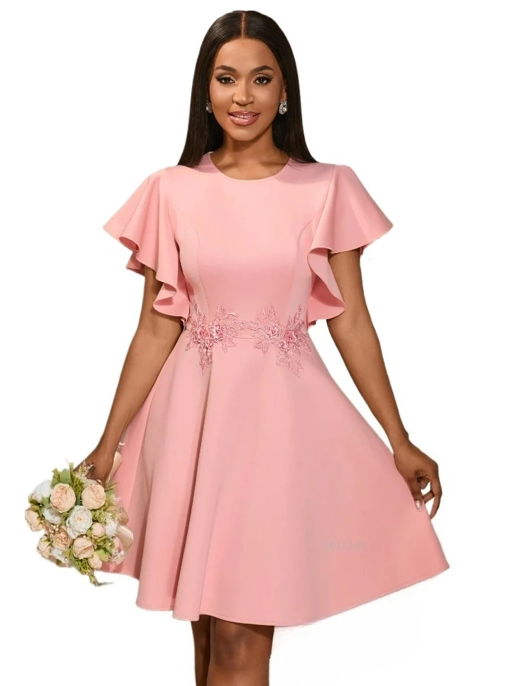 Elegant Pink A Line Mini Dress with Batwing Sleeves Delicate Lace Embroidery O Neck Perfect for Bridal Showers Cocktail Parties