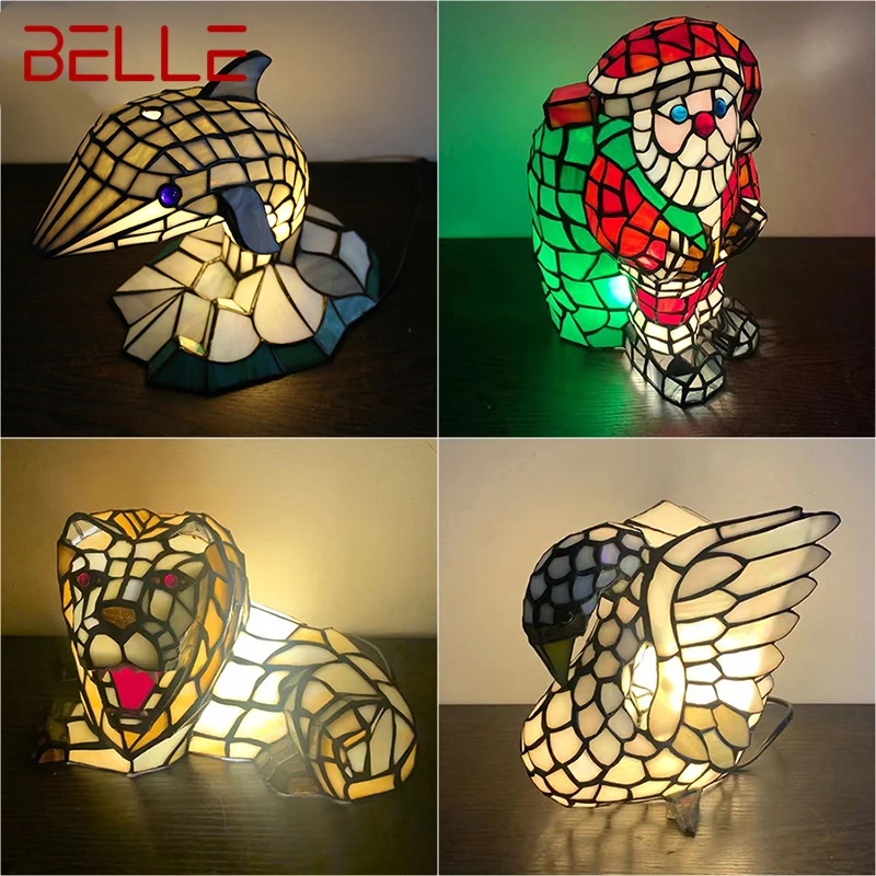BELLE Tiffany Glass Table Lamp LED Creative Lion Dolphin Bedside Small Desk Light Fashion For Home Living Room Bedroom