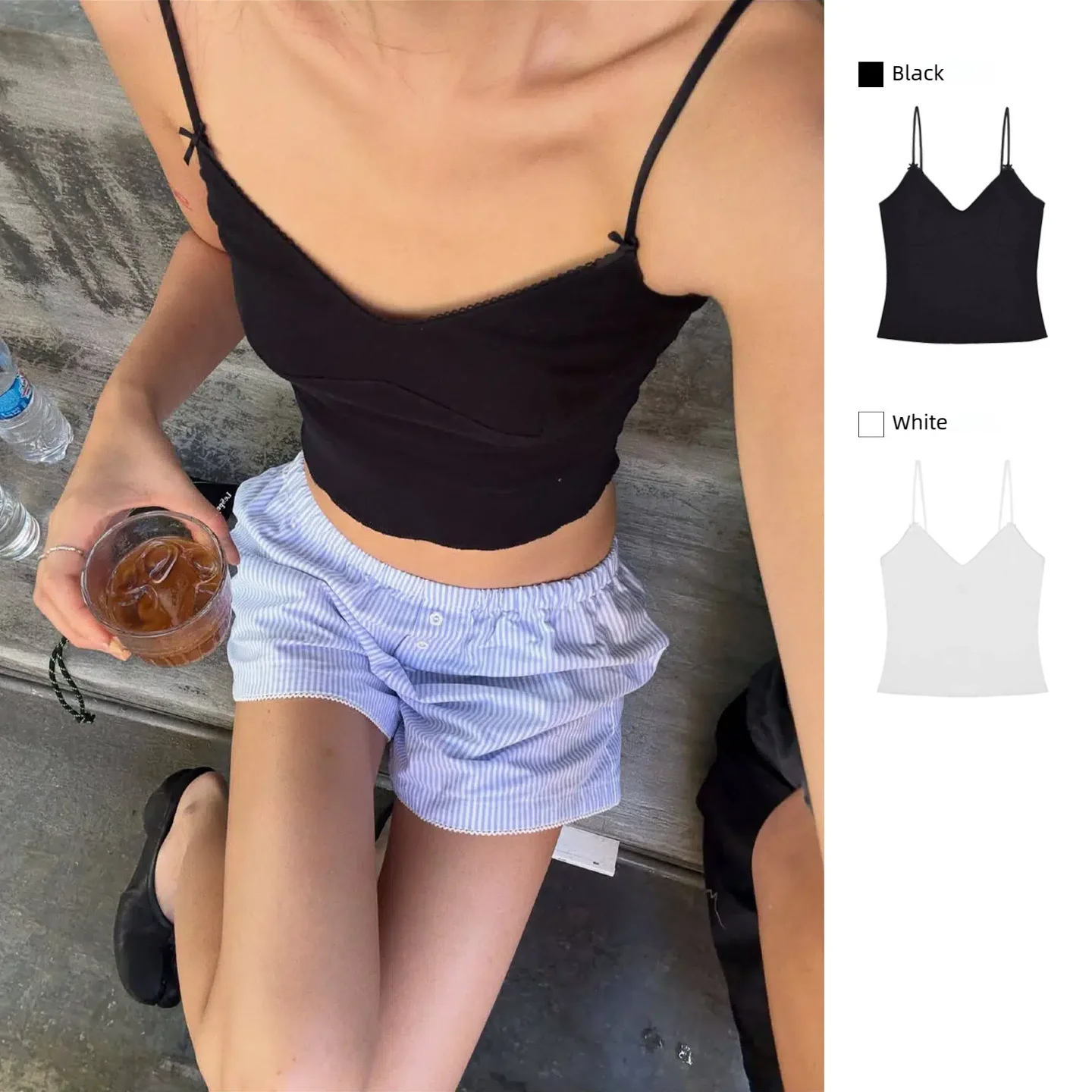 COUCOU White Lace V-Neck Fitted Backless Top with Straps, Cleanfit Classic Style Outerwear Short Top