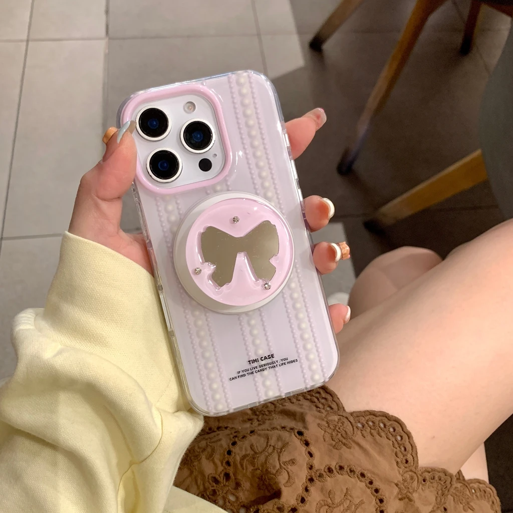 Estilo coreano dulce Bowknot espejo de diamantes de imitación con soporte magnético de carga inalámbrica funda de teléfono para iPhone 16 15 14 Pro Max