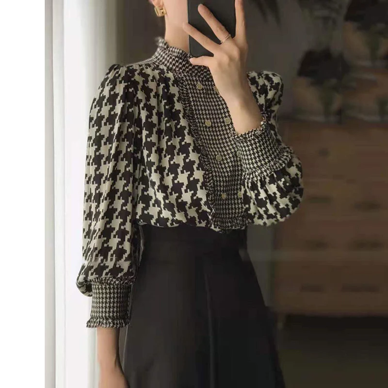 Vintage houndstooth camisa feminina primavera outono gola manga longa chiffon blusa elegante escritório senhora topos blusas mujer