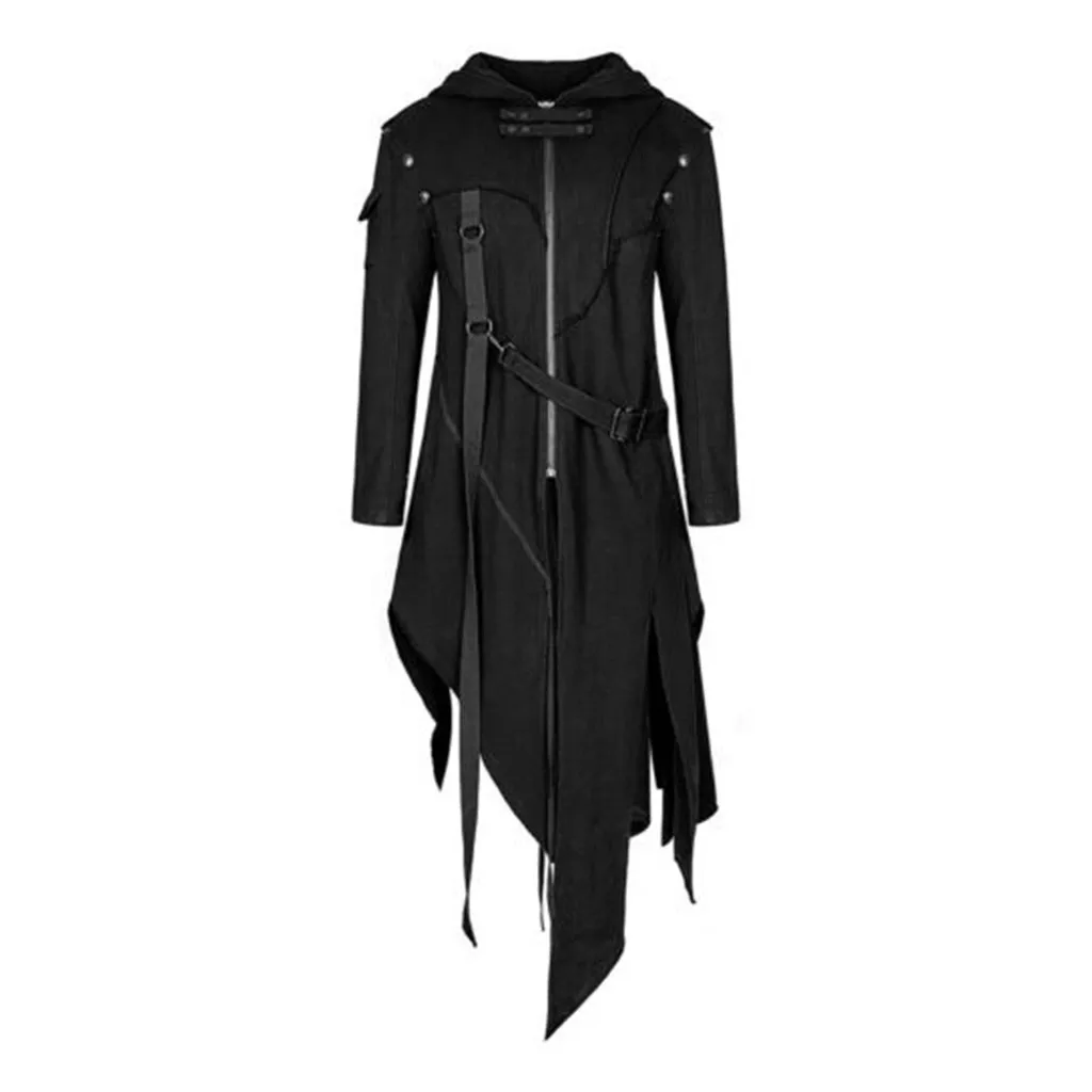 

New 2024 Men's Punk Style Irregular Trench Coats Black Gothic Long Hooded Jackets Halloween Man Cosplay Costume Large Size