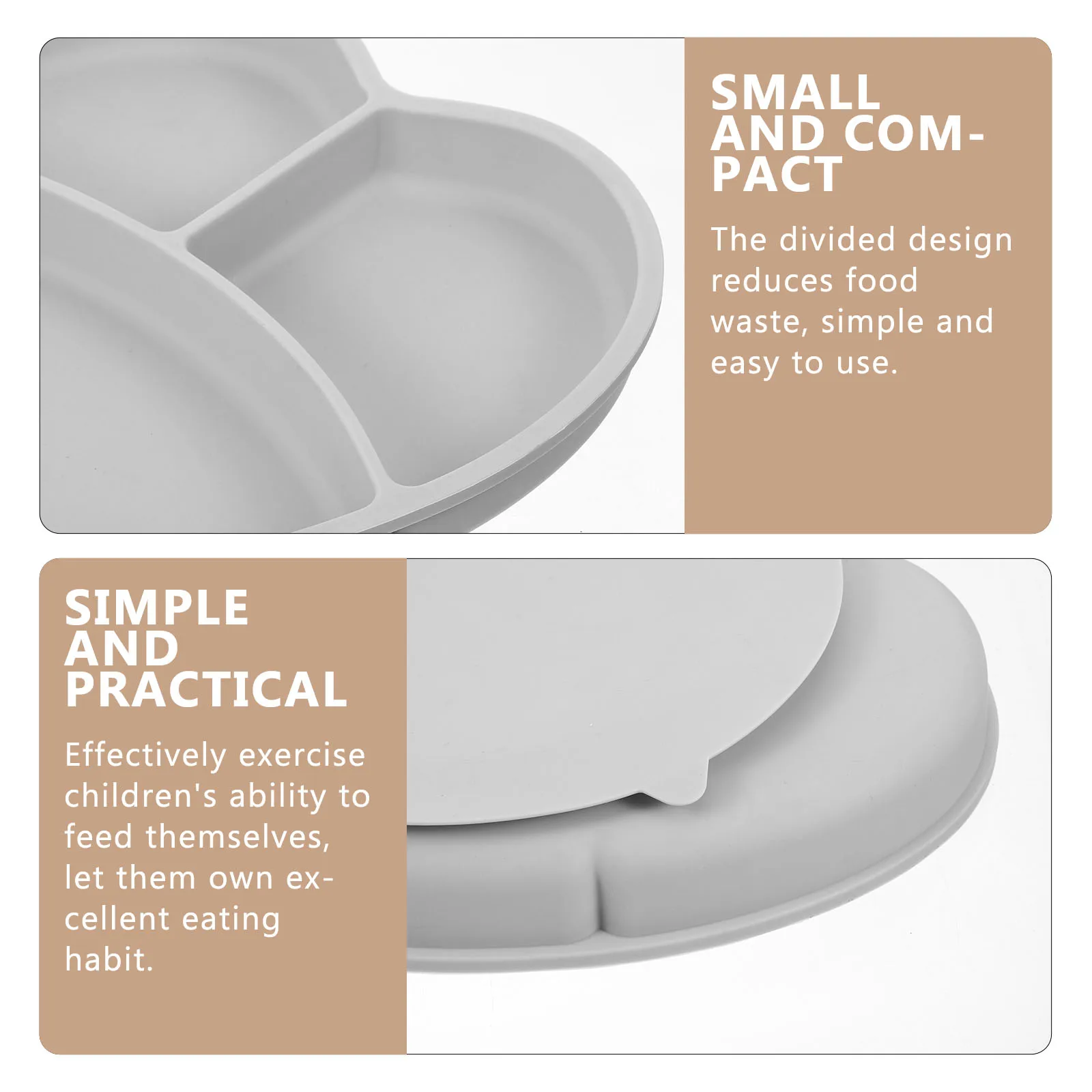 

Silicone Baby Plate Divided Heart Shaped Toddler Suction Bowl Food Plates Gray Feeding Training Sturdy Long Term Use