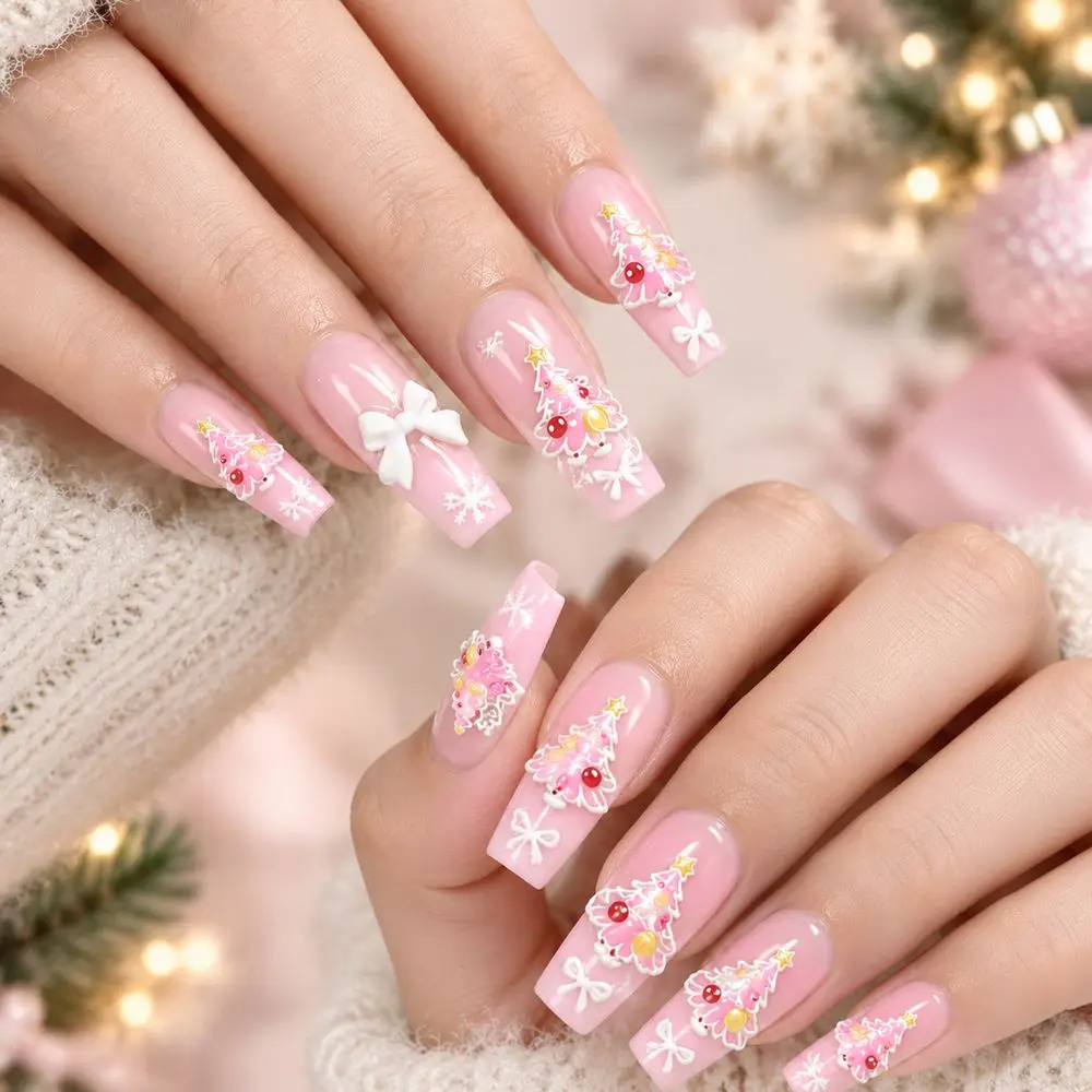 1Pc Vintage Nail Decals 5D Pink Xmas Tree Bow Snowflake Embossed Self Adhesive Sliders Christmas Party Nail Art Decor Set