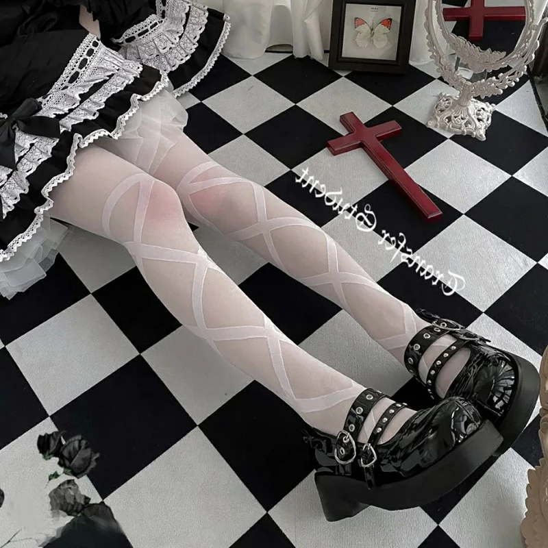 Japanese sweet cool girl pantyhose jk black socks women's spring summer love striped printed stockings black silk lolita