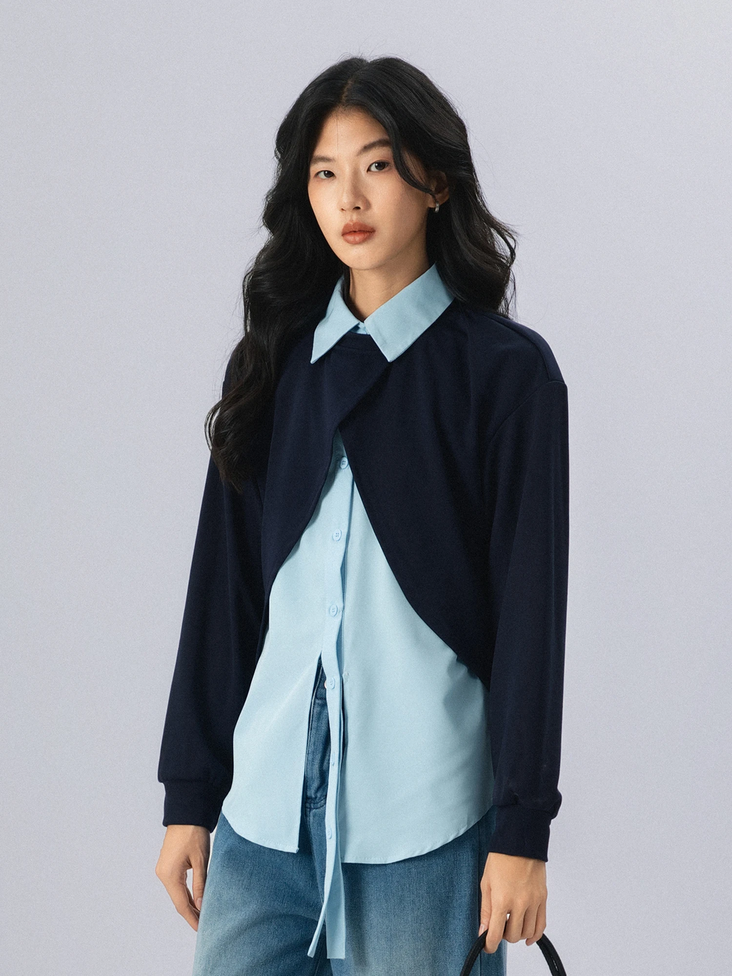 

Retro Korean Style Patchwork Fake Two-Piece Shirt Women's Loose Fit Spring New Design Versatile Top Casual Commute Style