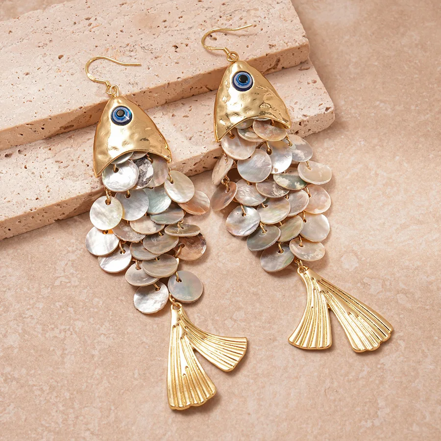 Beach‑Vacation‑Style Fish‑Shaped Shell Tassel Dangle Earrings for Women, Fashion Ear Jewelry, Versatile Daily‑Commute‑Party‑Ready Accessory, Ideal Gift for Her