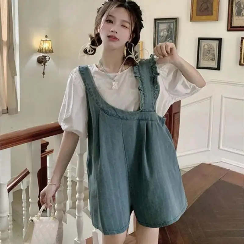 Summer and Autumn Casual Loose Commuting Irregular Denim Fabric Wide Leg Shoulder Strap Shorts for Women