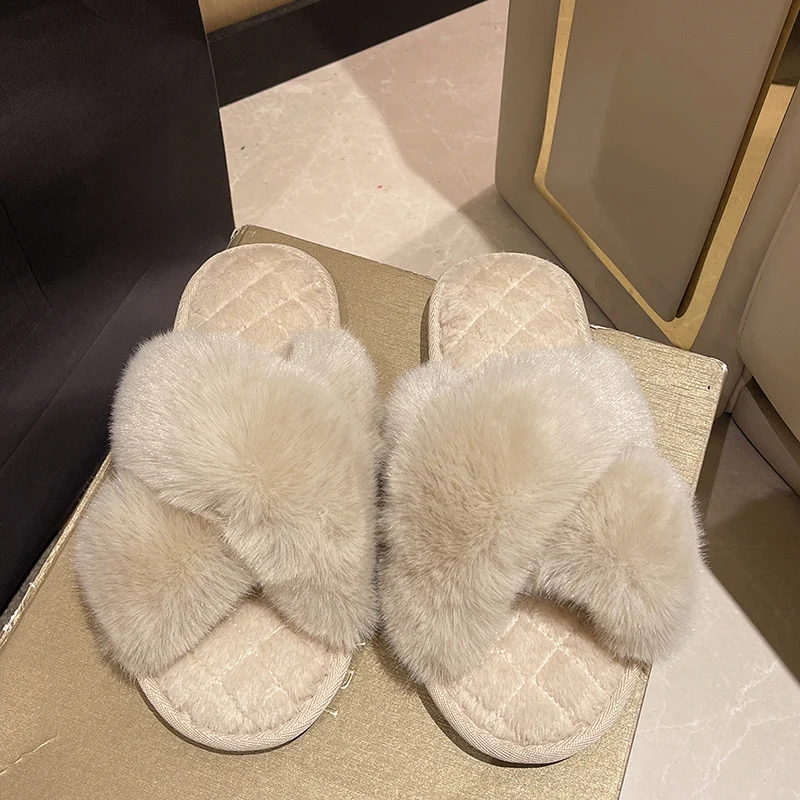 Casual Fluffy Slippers Women House Flat Warm Plush Cross Designer Shoes Ladies Fashion Winter Platform Footwear Elegant Open Toe