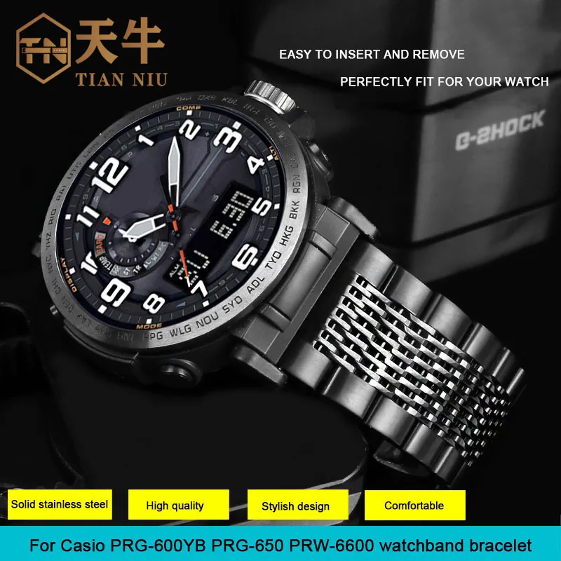 Gelang 24mm UNTUK Casio PRG-600 PRG-600YB PRG-650 PRW-6600Y pria logam hitam presisi baja tahan karat Aksesori rantai jam