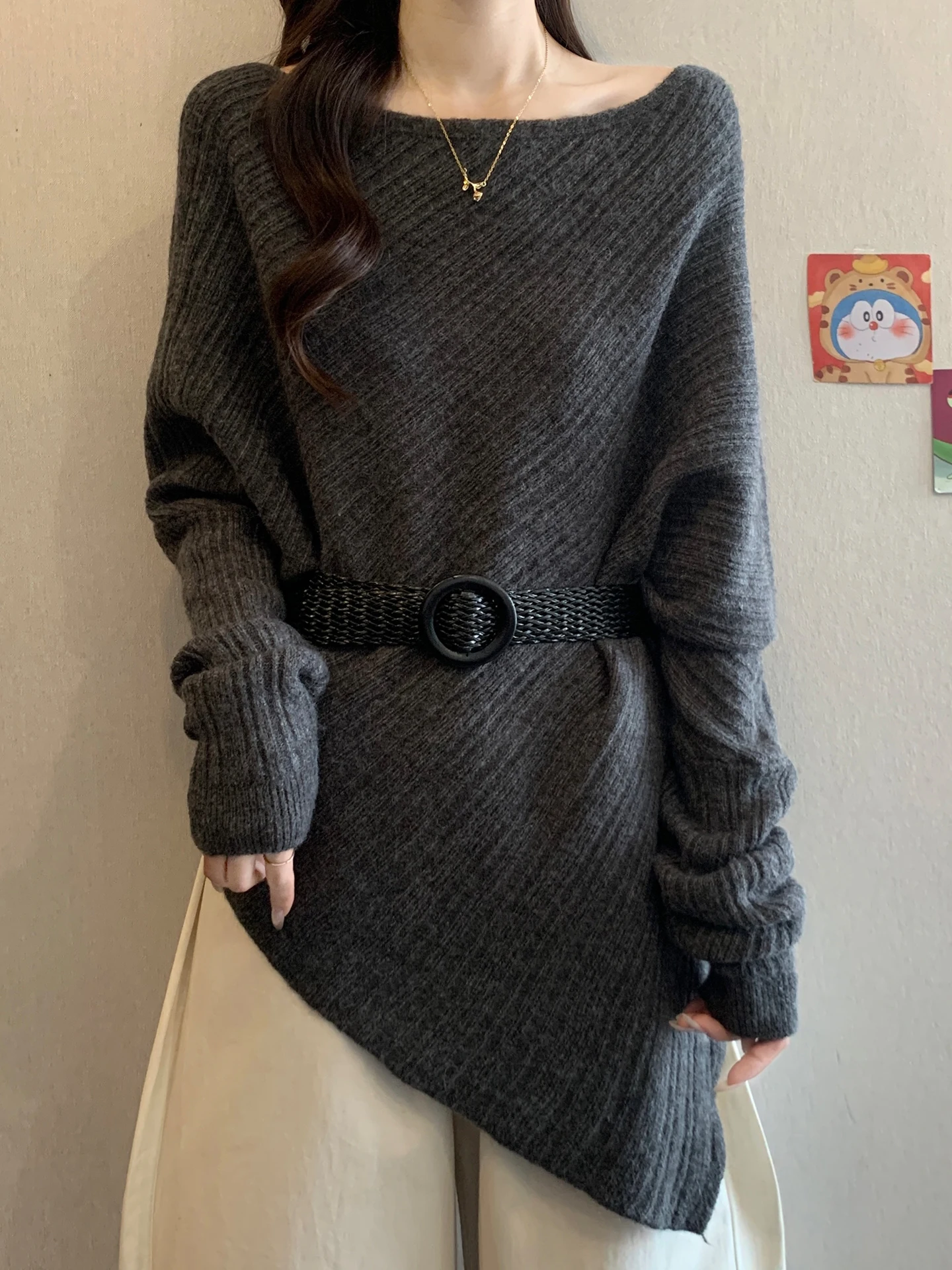 

Текстурированный вязаный свитер на одно плечо для женщин, утягивающий, асимметричный, с завышенной талией, для осени и зимы, больших размеров