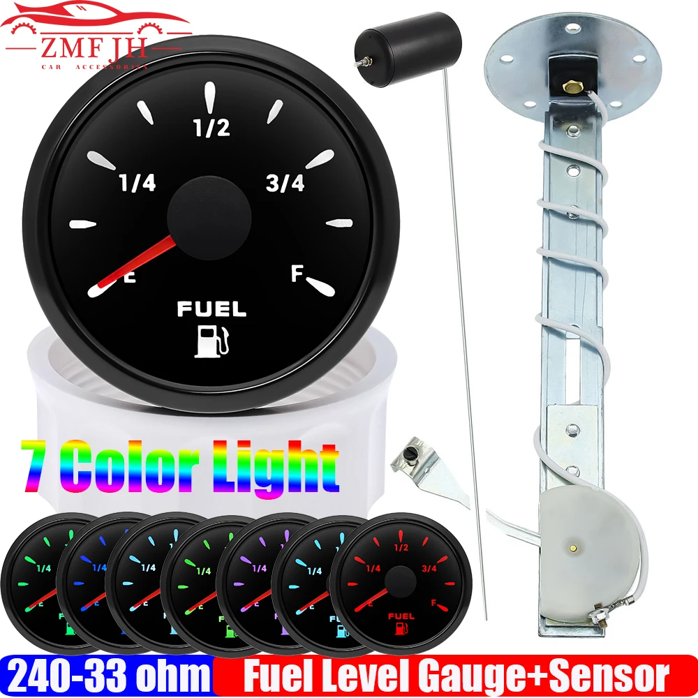 7 Color Light 52mm Fuel Level Gauge+Fuel Float Level Sensor 240-33 OHM for Auto Car Boat Waterproof IP67 Oil Tank Meter 12V 24V