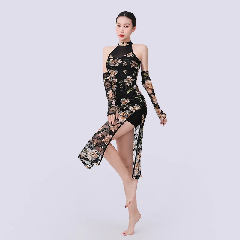 

New Sleeveless Qipao Dance Dress with Hollow Back Classical Dance Dress Women's Mesh Half Transparent Large Fragmented Flowers