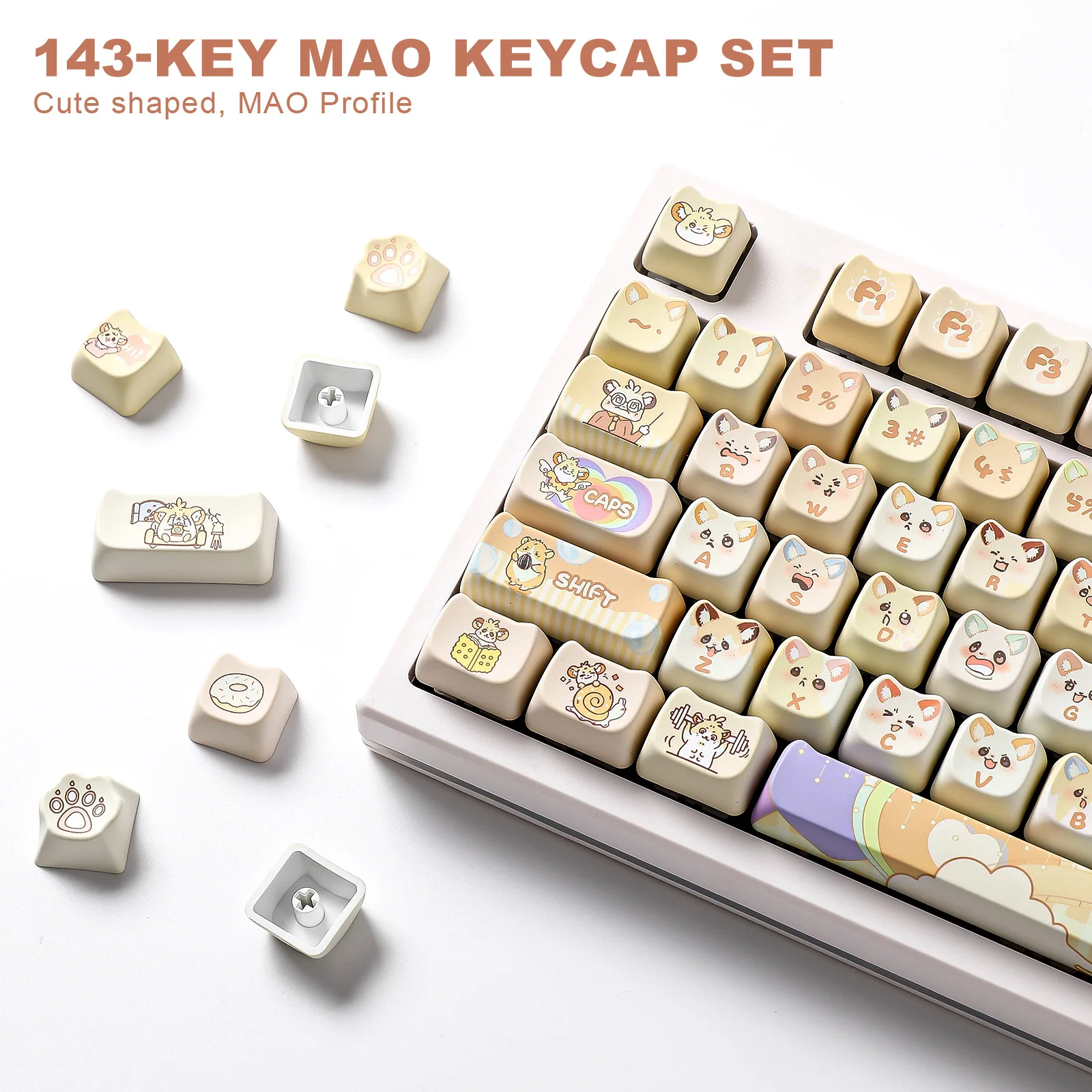 YUNZII Mousie MAO Profile Keycap Set, Cute 143 Keys Dye Sublimation Custom Keycaps, Full-Key for MX Switch Mechanical Keyboard