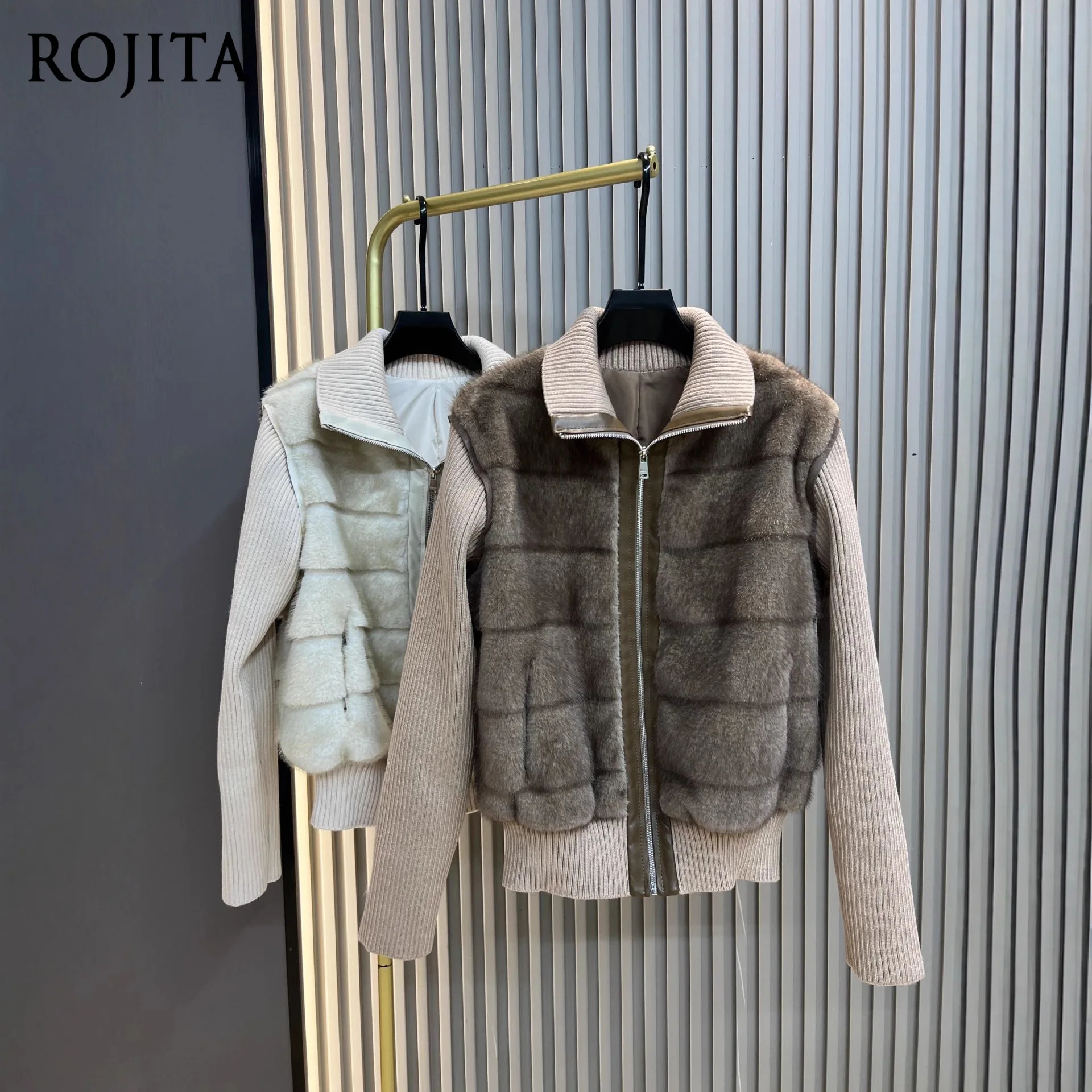 

Knitted Patchwork Faux Mink Fur Coat for Women autumn Winter 2025 New Detachable Sleeves Thickened Warm Padded Short Jacket