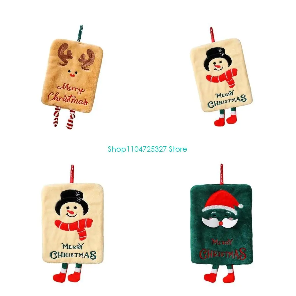 

D8KF Corals Fleece Hand Towel Christmas Theme Embroidery Hanging Soft Absorbent Kitchen Dish Cloth Reusable