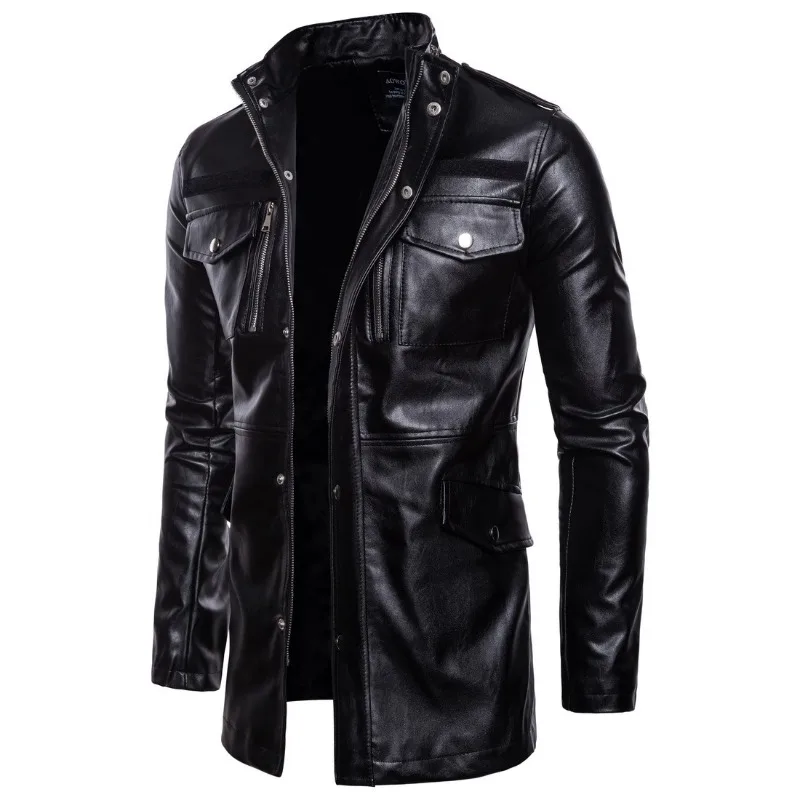 Autumn New, Foreign Trade Medium and Long Leather Jacket, Stand-up Collar Four-pocket Locomotive Jacket B036