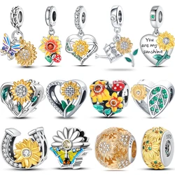 Breloques en argent regardé 925 pour bracelet Pandora original, tournesol, papillon, fleur, cœur, perles, bijoux fins, bricolage, exécutif