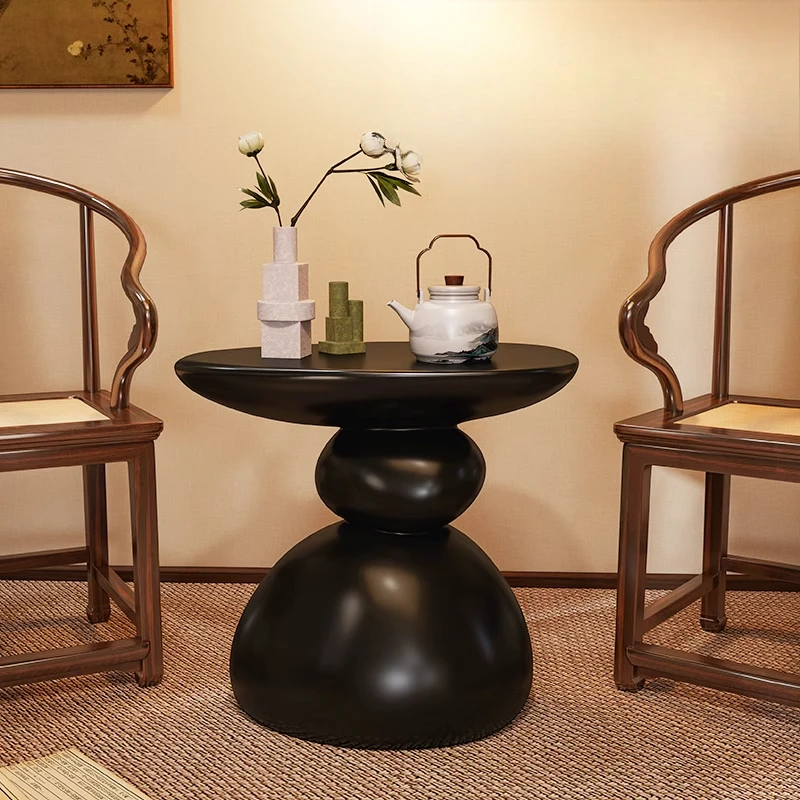 Black New Chinese Style Round Side Table Living Room Sofa End Table with Storage Space-Saving Balcony