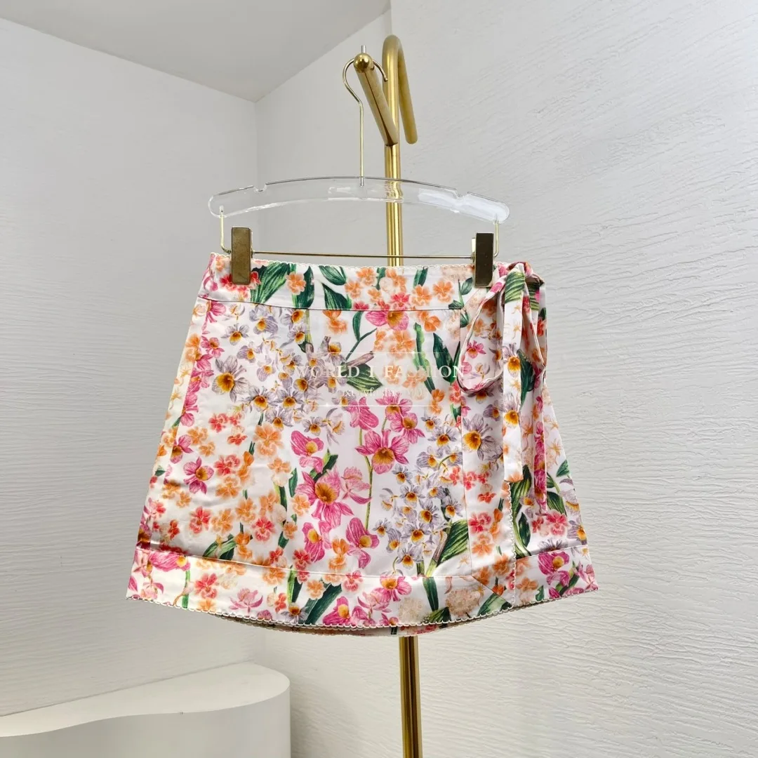 

High Quality Pink and Green Floral Print Mini Skirt