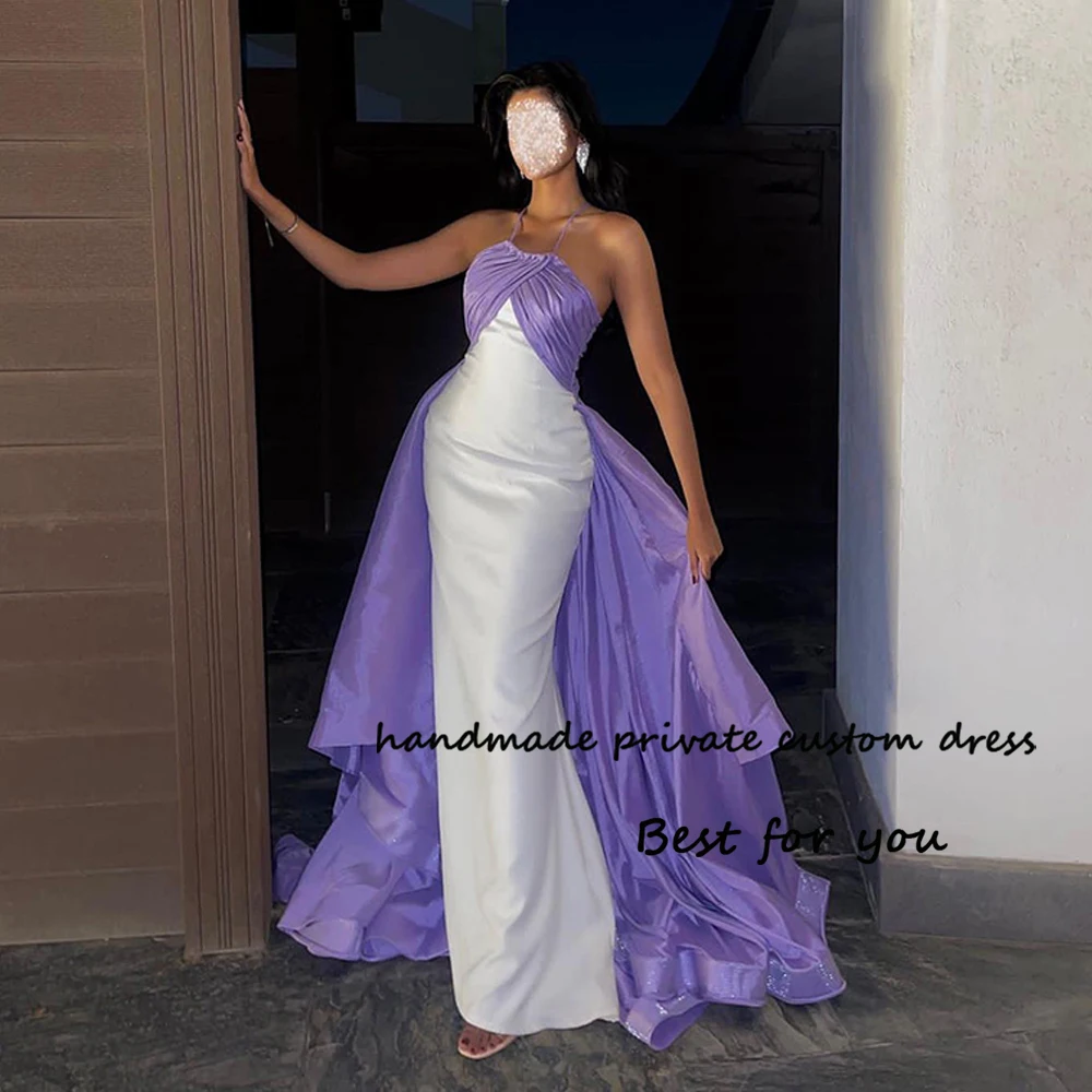 

White Purple Mermaid Evening Dresses for Women Pleats Satin Long Arabian Dubai Formal Dress with Train Evening Party Gowns