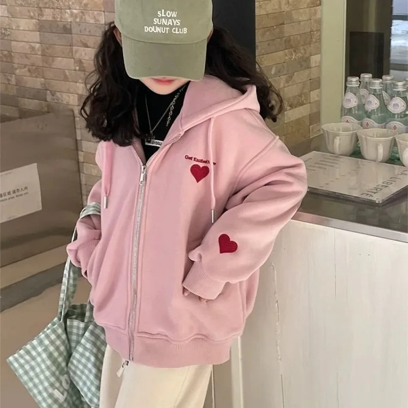 

2025 Spring New Girls Heart Print Zip-Up Hooded Sweatshirt - Stylish Casual Top for Older Kids