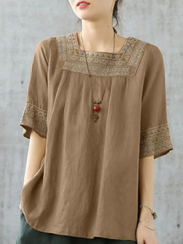 ZANZEA Summer Vintage Embroidery Tops Women Blouse Fashion Holiday Tunic Tops Casual Square Neck Half Sleeve Cotton Blusas Mujer