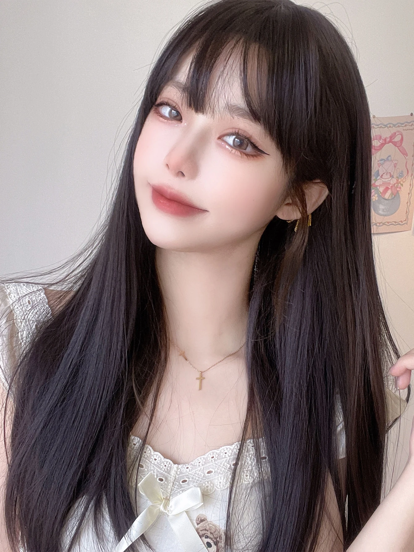 Wig sintetis cokelat tua 24 inci dengan Bang Wig rambut lurus alami panjang untuk penggunaan sehari-hari wanita Cosplay tahan panas Lolita