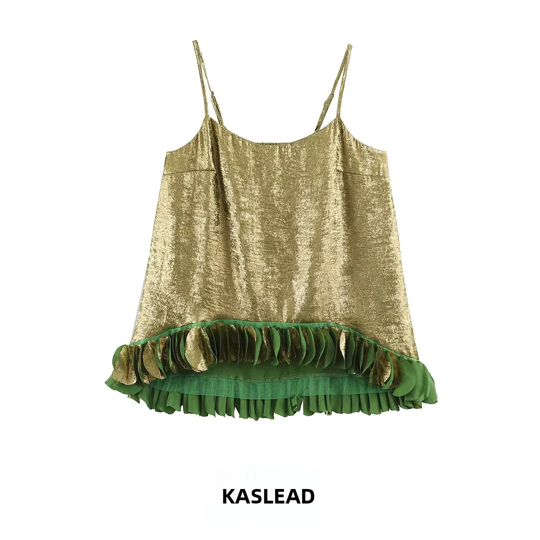 KASLEAD New Women's Fashion Versatile Design Golden Embossed Strap Top Short Length Polyester Fiber Outerwear Summer 2026