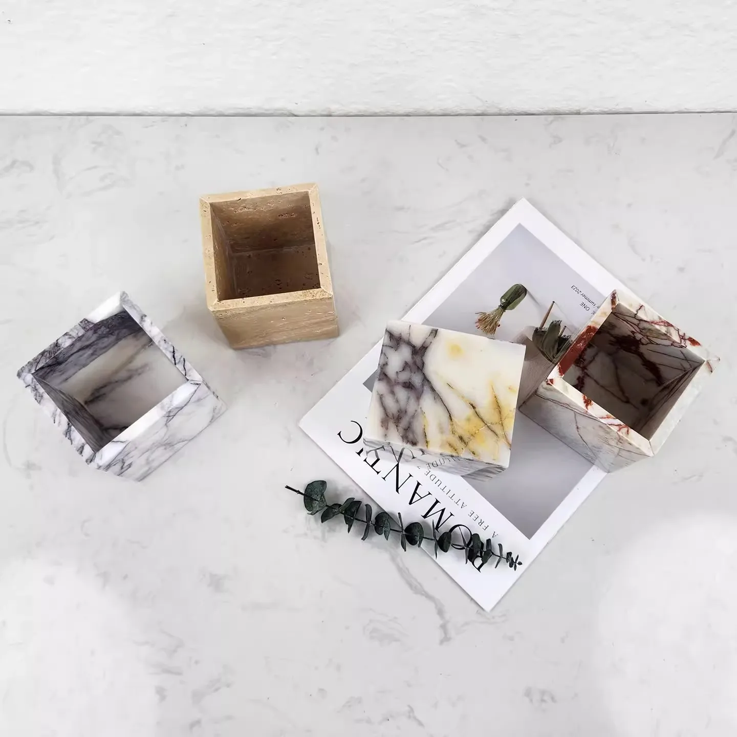 Natural Marble Living Room Desktop Flower Vase Small Ornaments Home Furnishing Office Study Room Decoration Storage Pen Box Cup