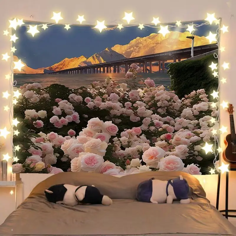 VIKAMA Pink Rose Bridge Valley View Horizontal Tapestry Wall Hanging for Bedroom Aesthetic Cozy Trendy Simple Chic Home Decor