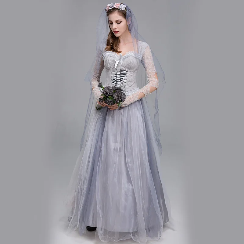 Halloween Horror Grey Skull Ghost Bridal Dress Ghost Zombie Masquerade Costume