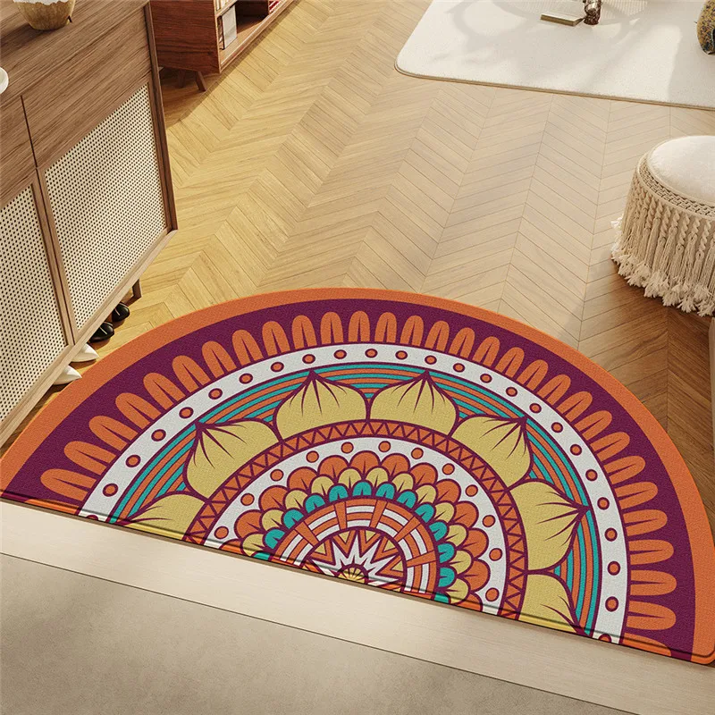 

Retro Ethnic Style Home Semi Circular Entrance Mat Water Absorption Anti Slip Dirt Resistant Carpet