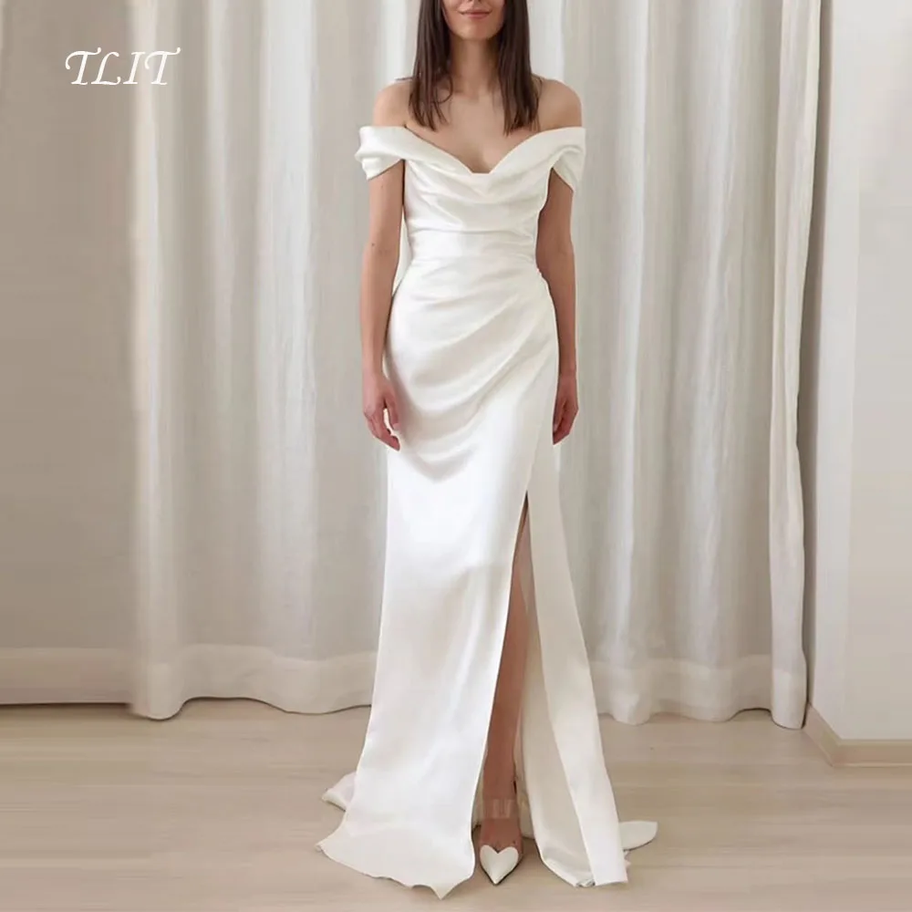 TLIT Simple Ivory Silk Satin Mermaid Wedding Gowns Customized Off The Shoulder Bridal Gown Korea Wedding Dresses Photos Shoot