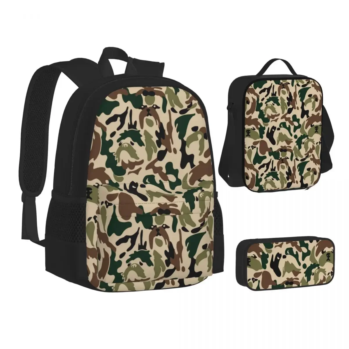 Shih Tzu Camouflage Backpacks Boys Girls Bookbag Students School Bags Cartoon Kids Rucksack Lunch Bag Pen Bag Three-Piece Set