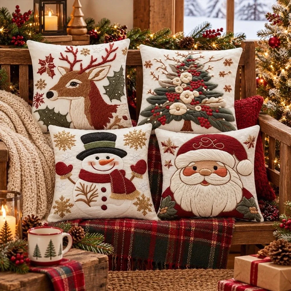 Simulated Embroidery Christmas Pillow Cover Soft Smooth 2D Flat Christmas Tree Xmas Tree Pillowslip 45cm 17.72in Santa Claus