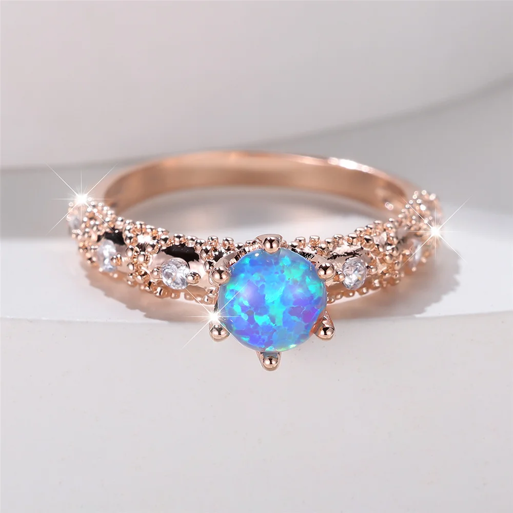 Trendy Blue Opal Round Stone Vintage Rose Gold Color Wedding Bands Engagement Rings For Women Men Minimalist Jewelry