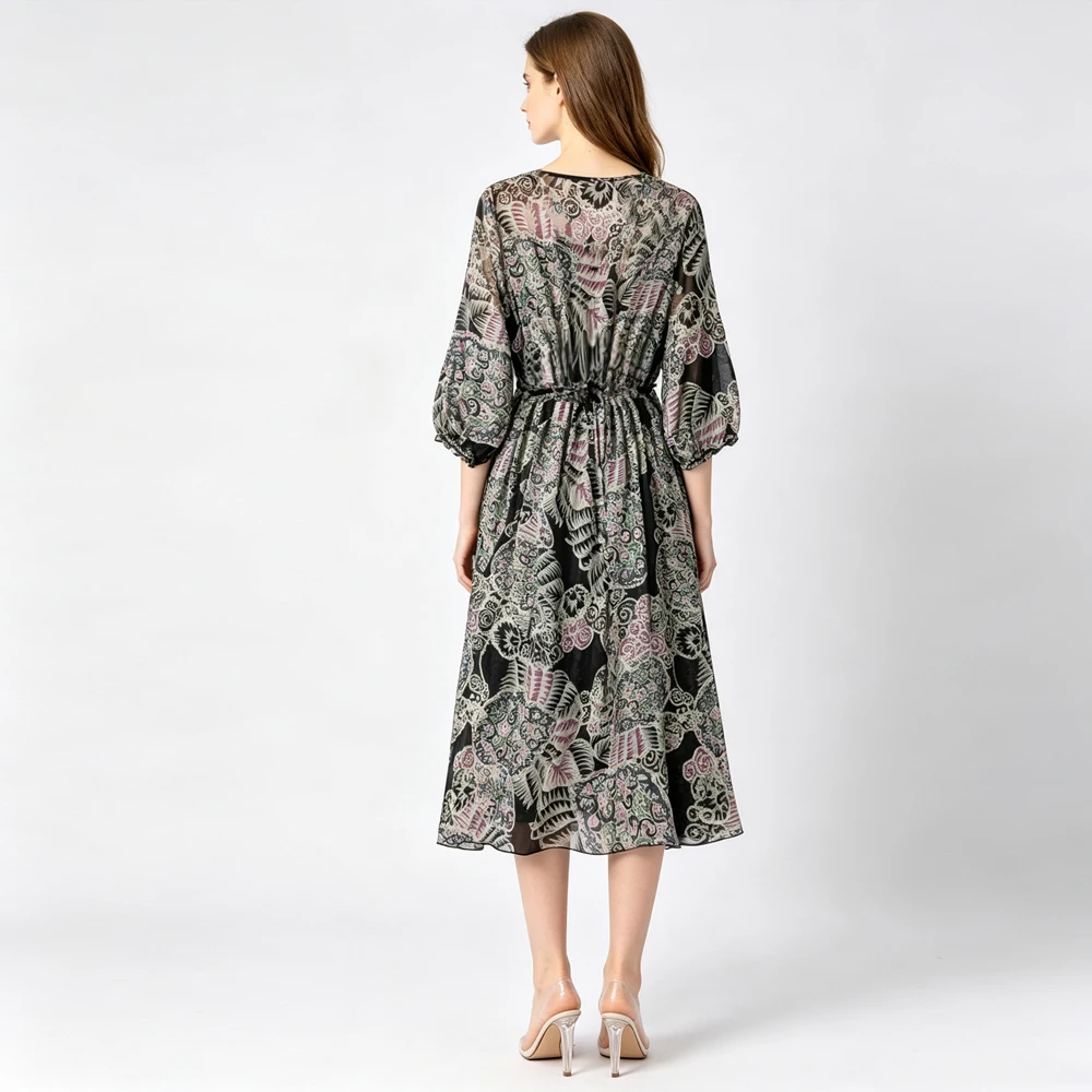 Artistic Style Splashed Ink Print Semi Transparent 100% Natural Mulberry Silk Georgette Breathable High Waisted Drawstring Dress