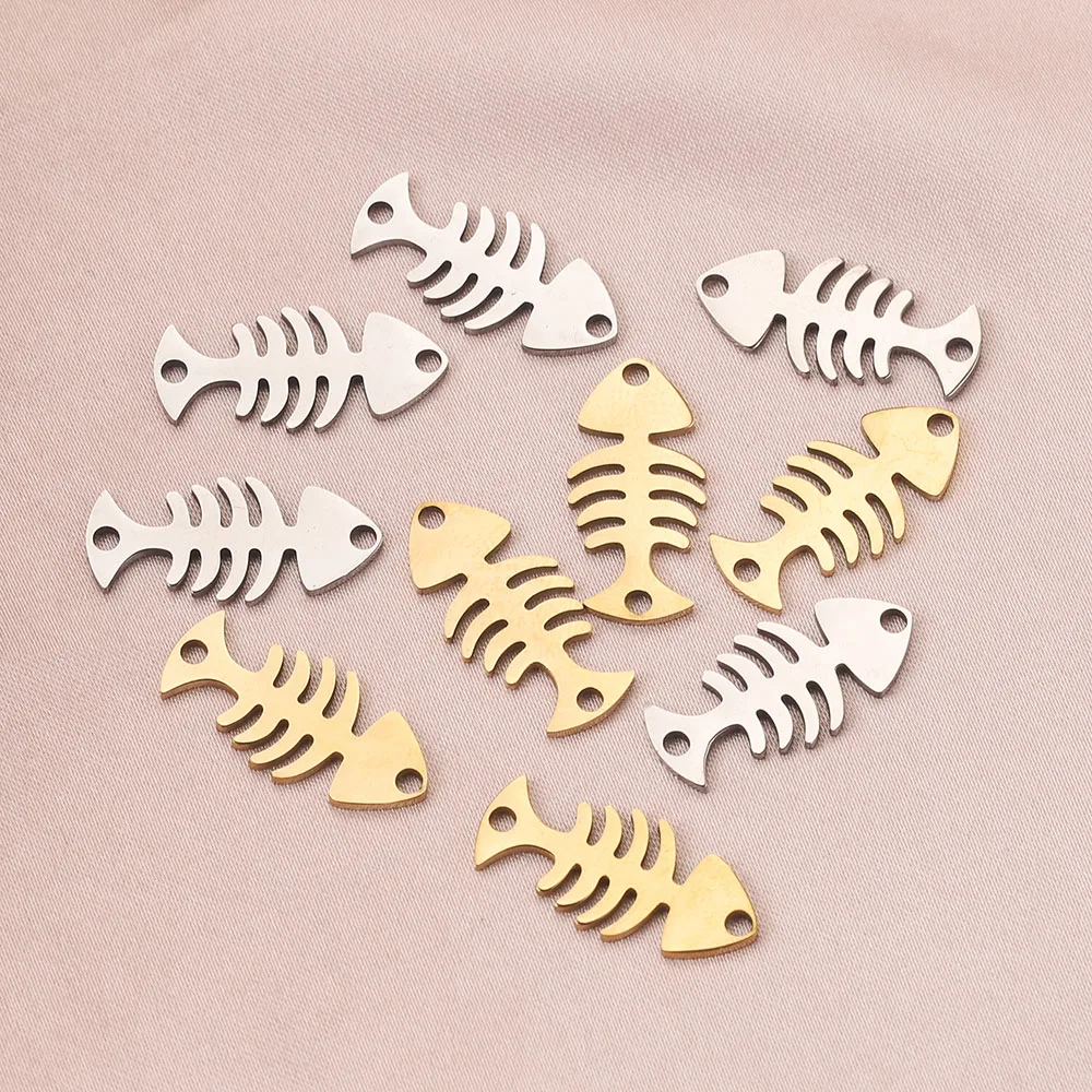 5pcs 10*21mm Gold-Plate Stainless Steel Fish bone Charm Pendants for DIY Jewelry Making Supplies Necklace Bracelet bulk item