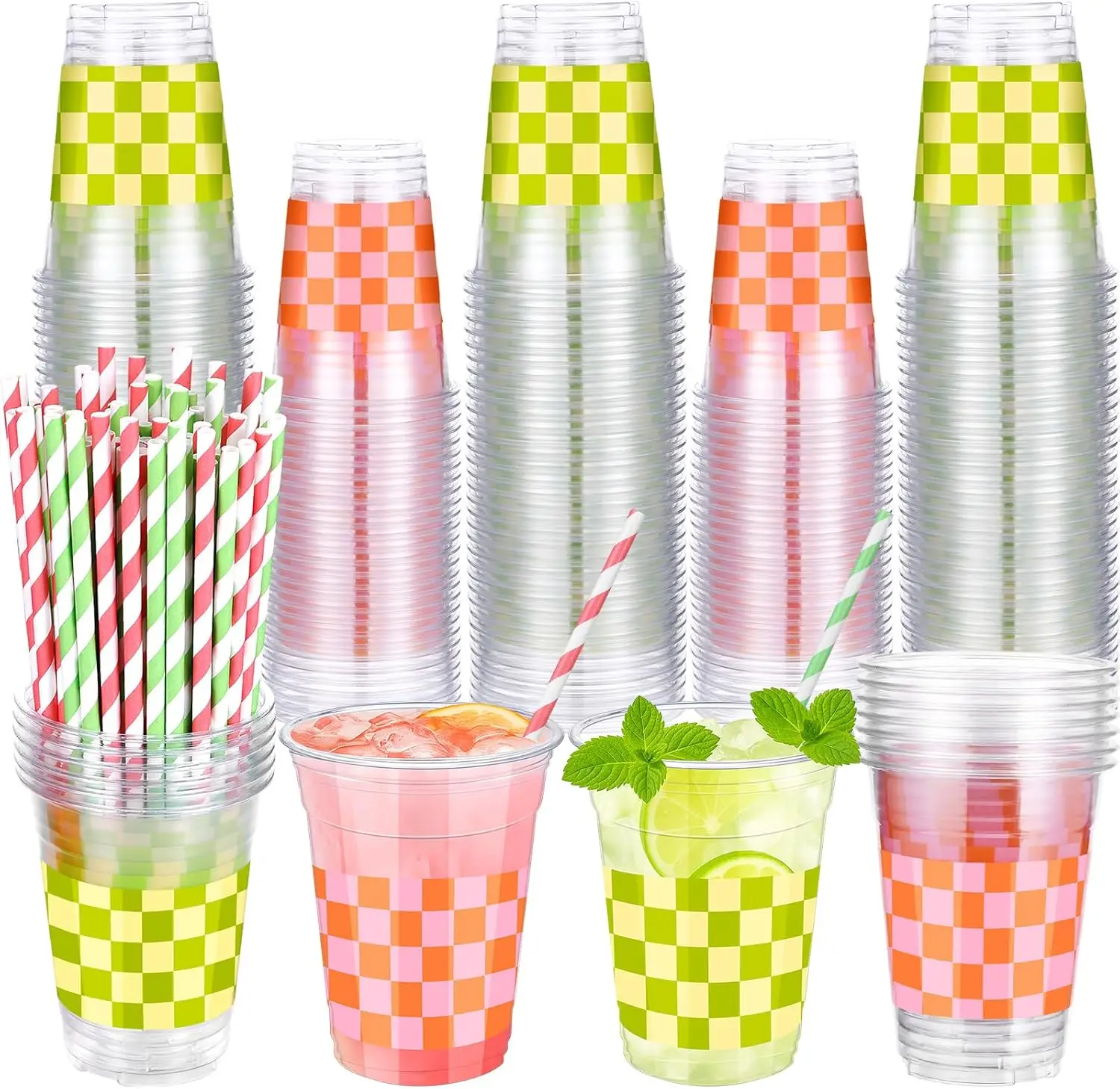 

100 Pack Pink Green Checkered Plastic Cups with Straws 12oz Disposable Checkered Clear Cups Retro Party Supplies for Bab