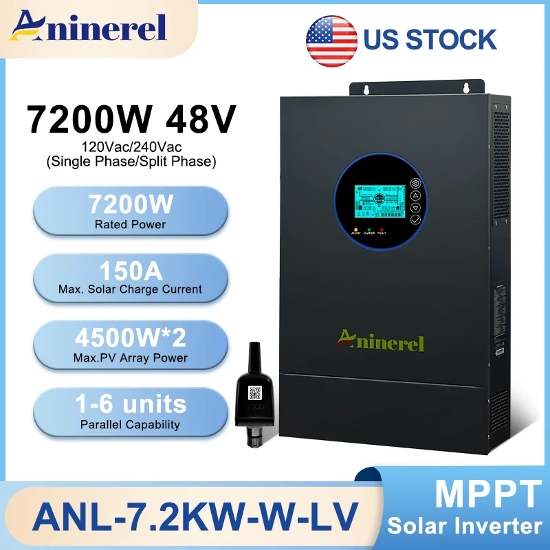 Aninerel 7200W 48V Split Phase Hybrid Solar Inverter Dual MPPT Color LCD Display MPPT 150A Off/On grid Inverter Parallel 6 Units