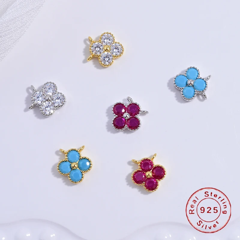 

S925 Sterling Silver Colored zircon Four-Leaf Inlaid Zircon Double Pendant DIY Jewelry Accessories Material SD44