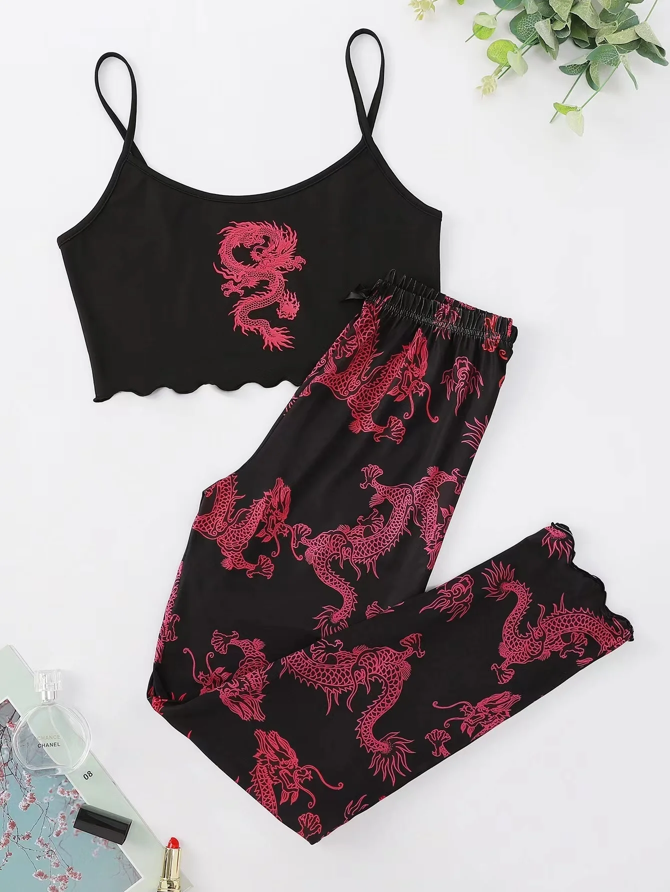 New Style Lady Summer Chinese dragon Print Camisole With Pants Pajama Set Fashion Comfortable Home Wear Sleepwear Underwear