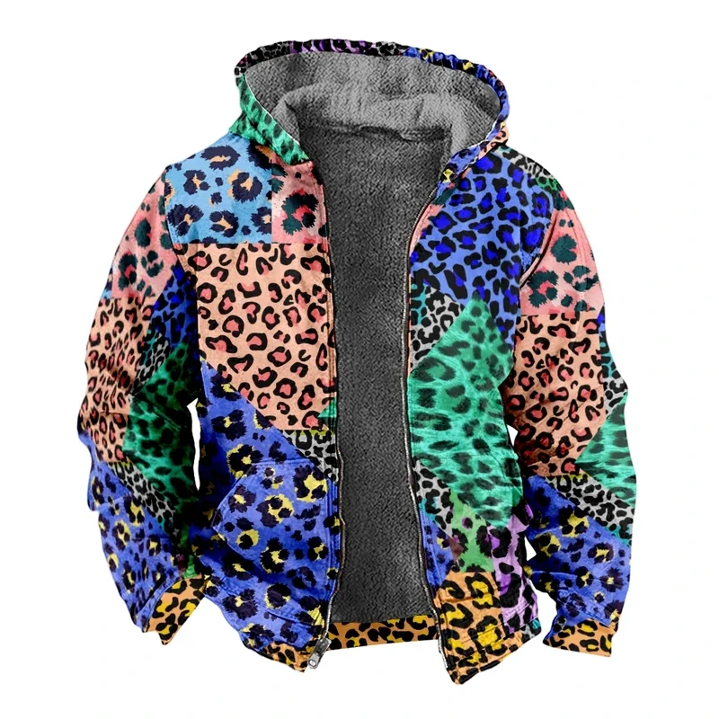 Street autumn winter fleece zip up hoodies original Leopard patchwork digital print men parka coat jackets outerwear sweatshirts