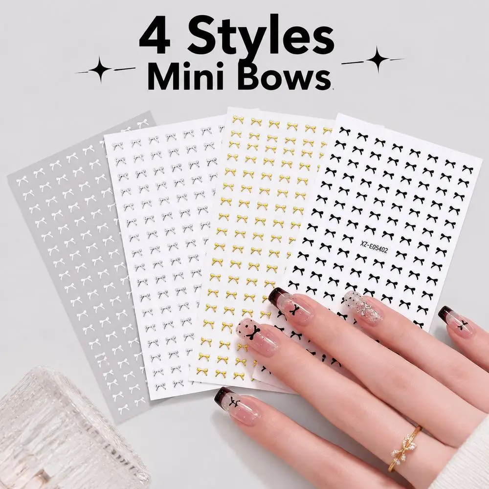 4Pcs Multi‑Style Mini Bow Nail Stickers 3D Self‑Adhesive Tiny Bow Decals For Transparent Press‑On Nails Nail Art Ornament