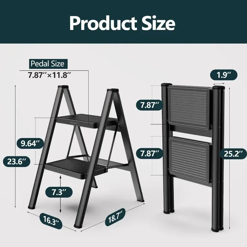 2 Step Ladder, Step Stool Foldable with Wide Pedals, Portable Stepping Stool for Adults,Sturdy Steel Ladders for Home with-Black